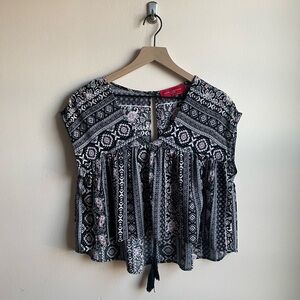 Akira Black, White & Pink Boho Patterned Blouse